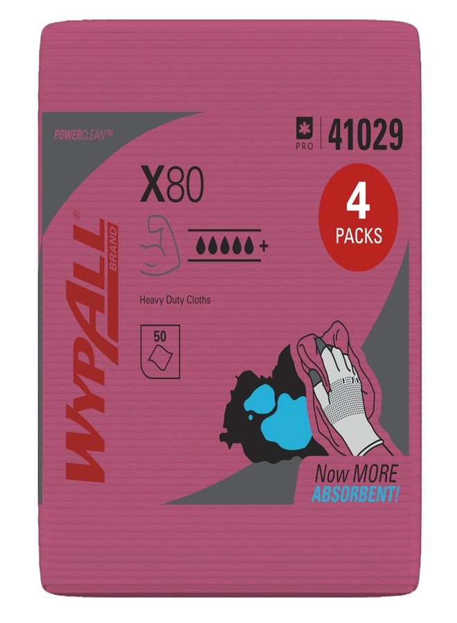 WypAll PowerClean X80 Cloths Heavy Duty Wipes (41029), Quarterfold, Extended Use Towels, Red (4 Packs of 50 Sheets, 200 Sheet Total) - Image 1